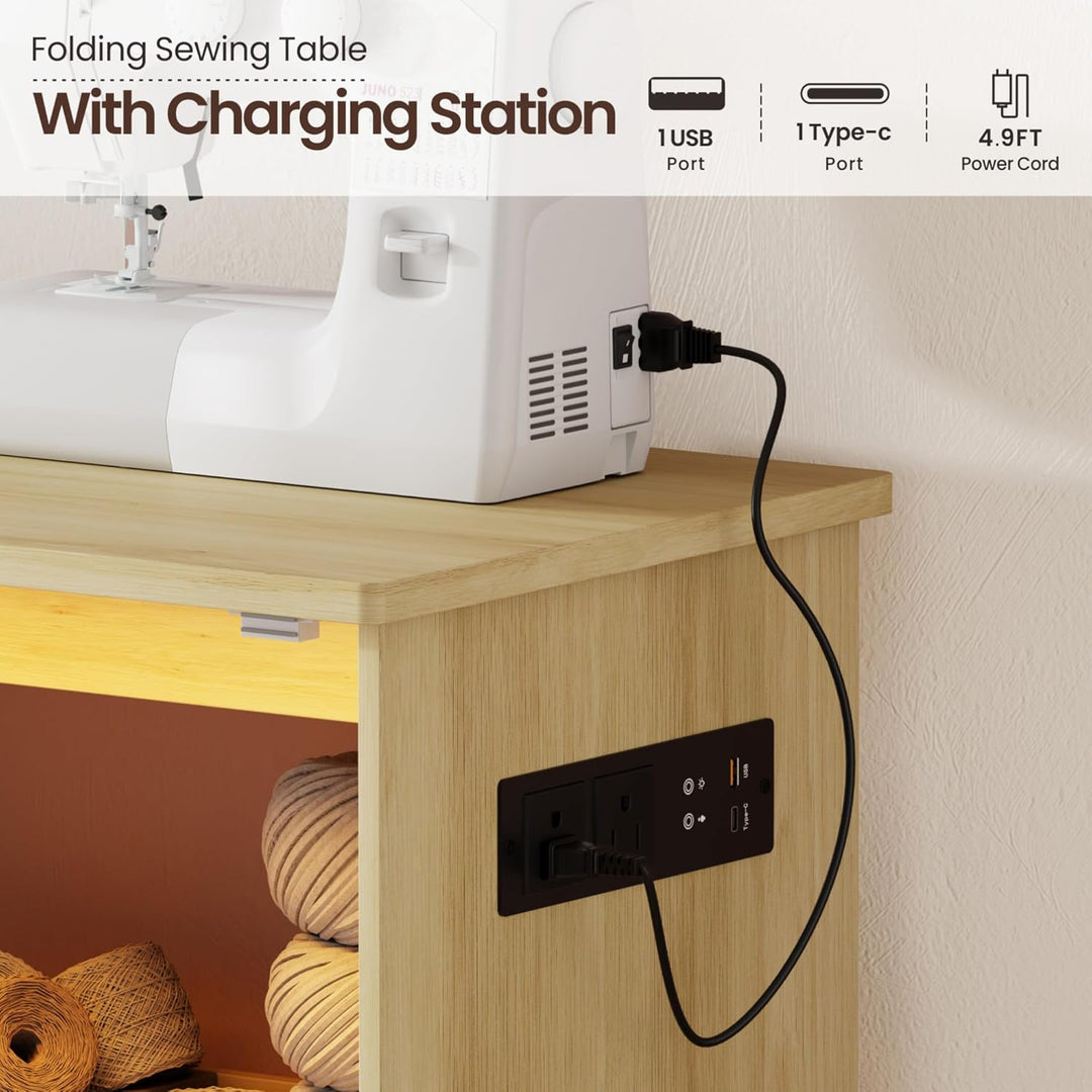 Gurexl 2 in 1 Nähtisch klappbar mit Ladestation und Led Beleuchtung,Nähmaschinentisch mit Ablagefach