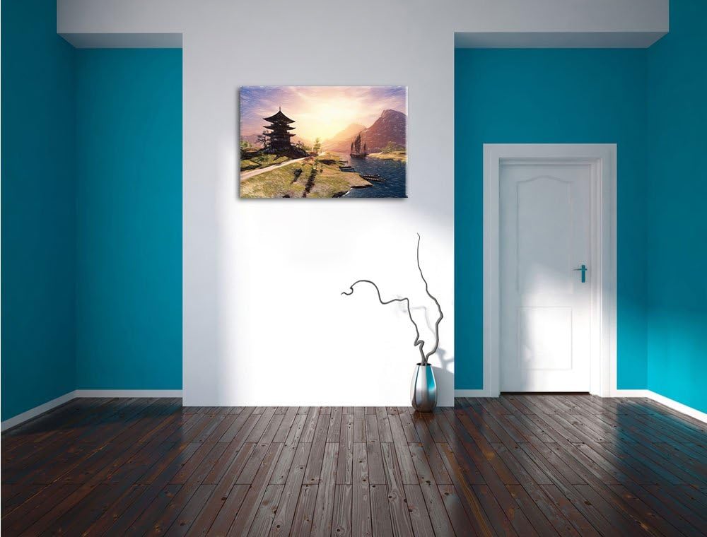 Pixxprint asiatischer Tempel an Fluss als Leinwandbild/Grösse: 100x70 / Wandbild/Kunstdruck/fertig b