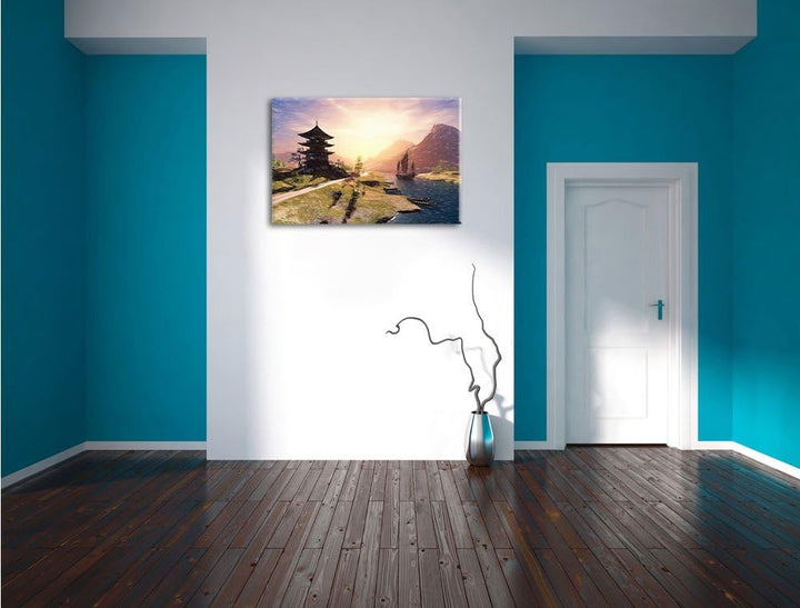 Pixxprint asiatischer Tempel an Fluss als Leinwandbild/Grösse: 100x70 / Wandbild/Kunstdruck/fertig b