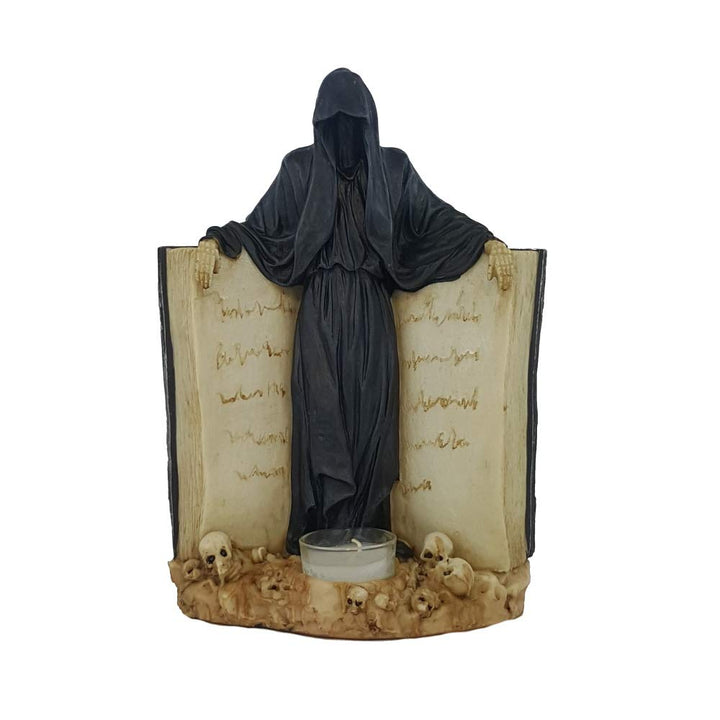 Teelichthalter Reaper mit Buch Gothic Figur Grusel Halloween Fantasy Deko Sensemann Vater Tod