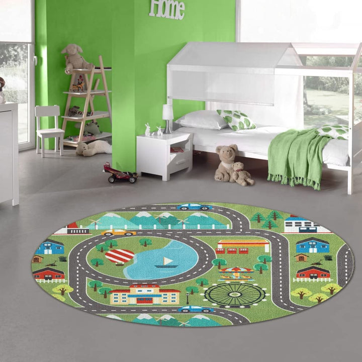 Teppich-Traum Kinder Spielteppich mit Stadtlandschaft auf Wiese in grün Grösse 160 cm Rund 160 cm (R