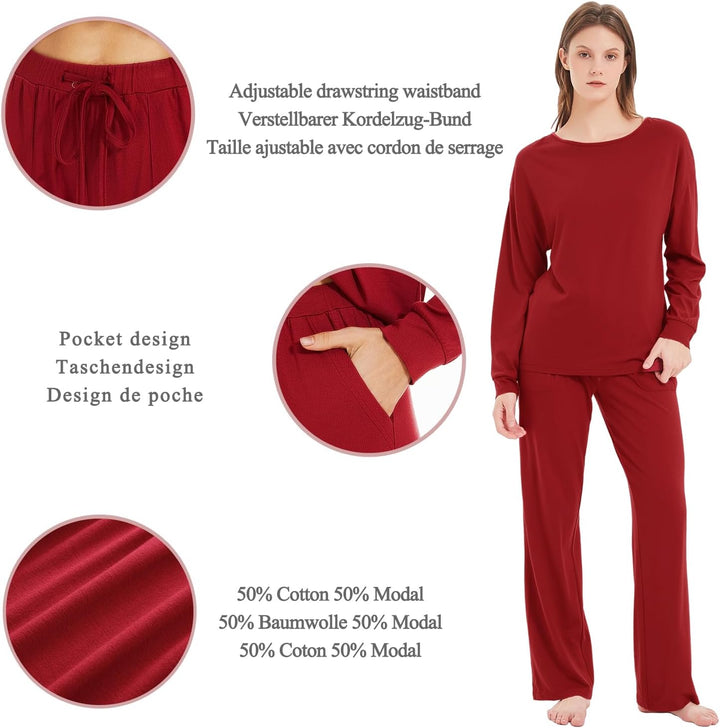 Damen Schlafanzug Weich Gestricktes Pyjama Set Gemütliche Nachtwäsche Baumwolle und Modal Atmungsakt