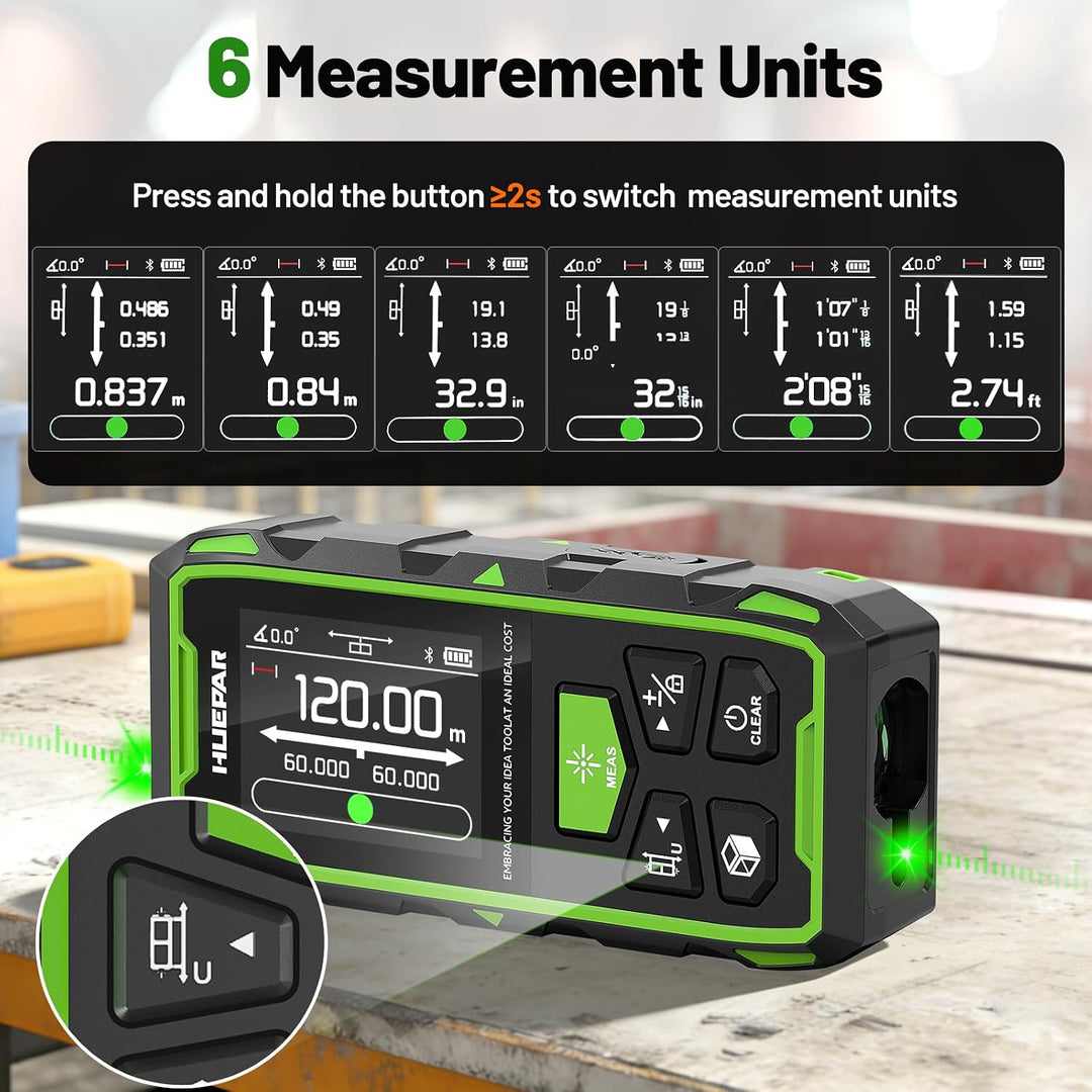 Dual Laser Entfernungsmesser Mit Bluetooth, Huepar 120M Grün Laser Messgerät Entfernungsmesser mit L