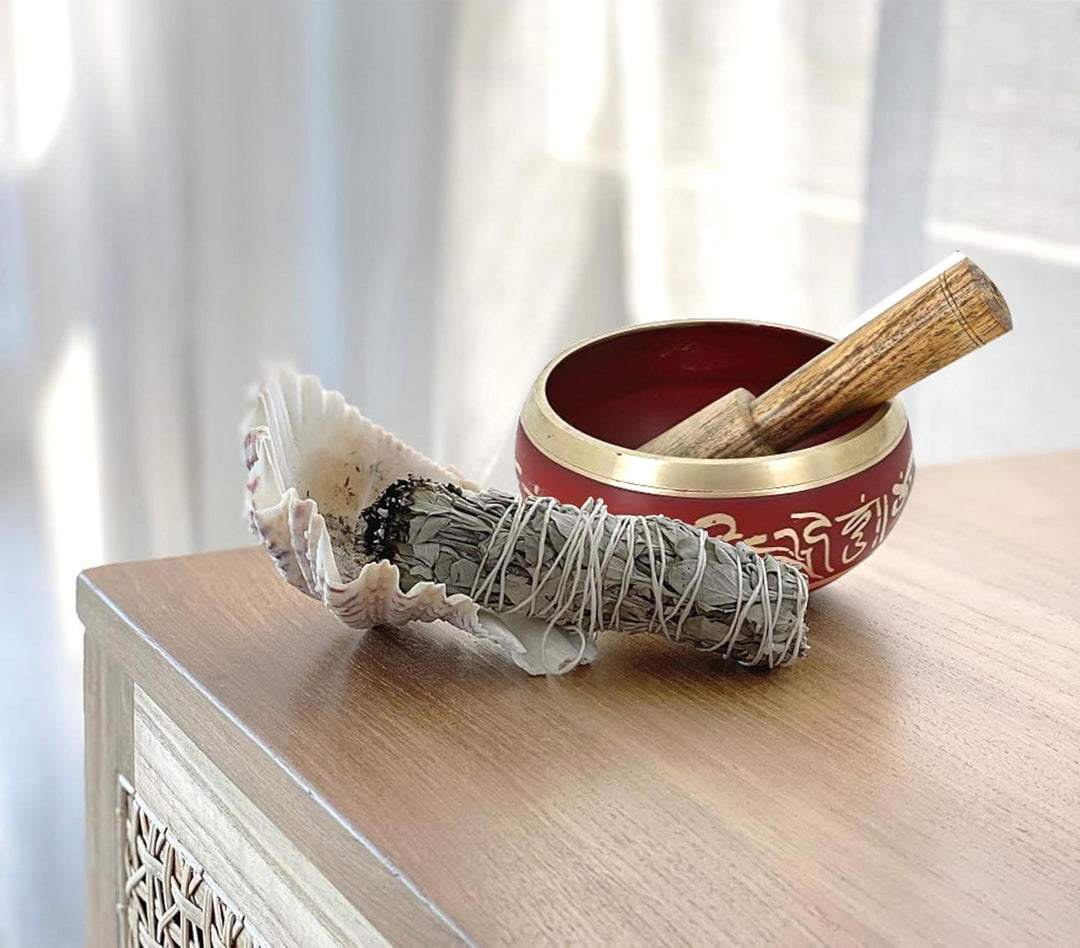 Ajuny Tibetische Klangschale Set Handgefertigte Messing-Schale In Rot mit Stock &amp; Kissen Meditation