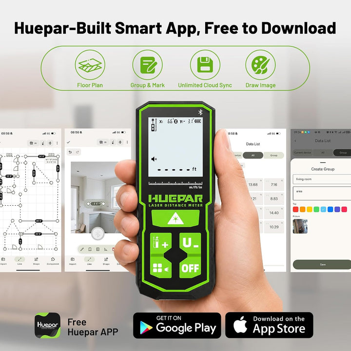 Huepar 200ft/60M Professionelles Bluetooth-Laser-Entfernungsmessgerät, App-Steuerung, grüner Laserst