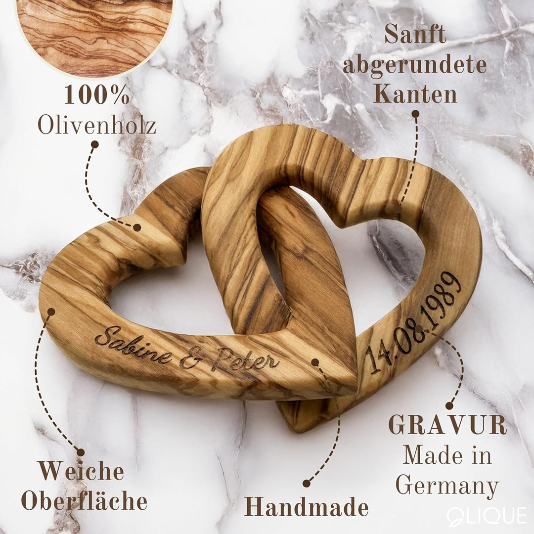 Holzherzen personalisiert, Olivenholz - Verbundene Holz Herzen mit Gravur als individuelles Geschenk