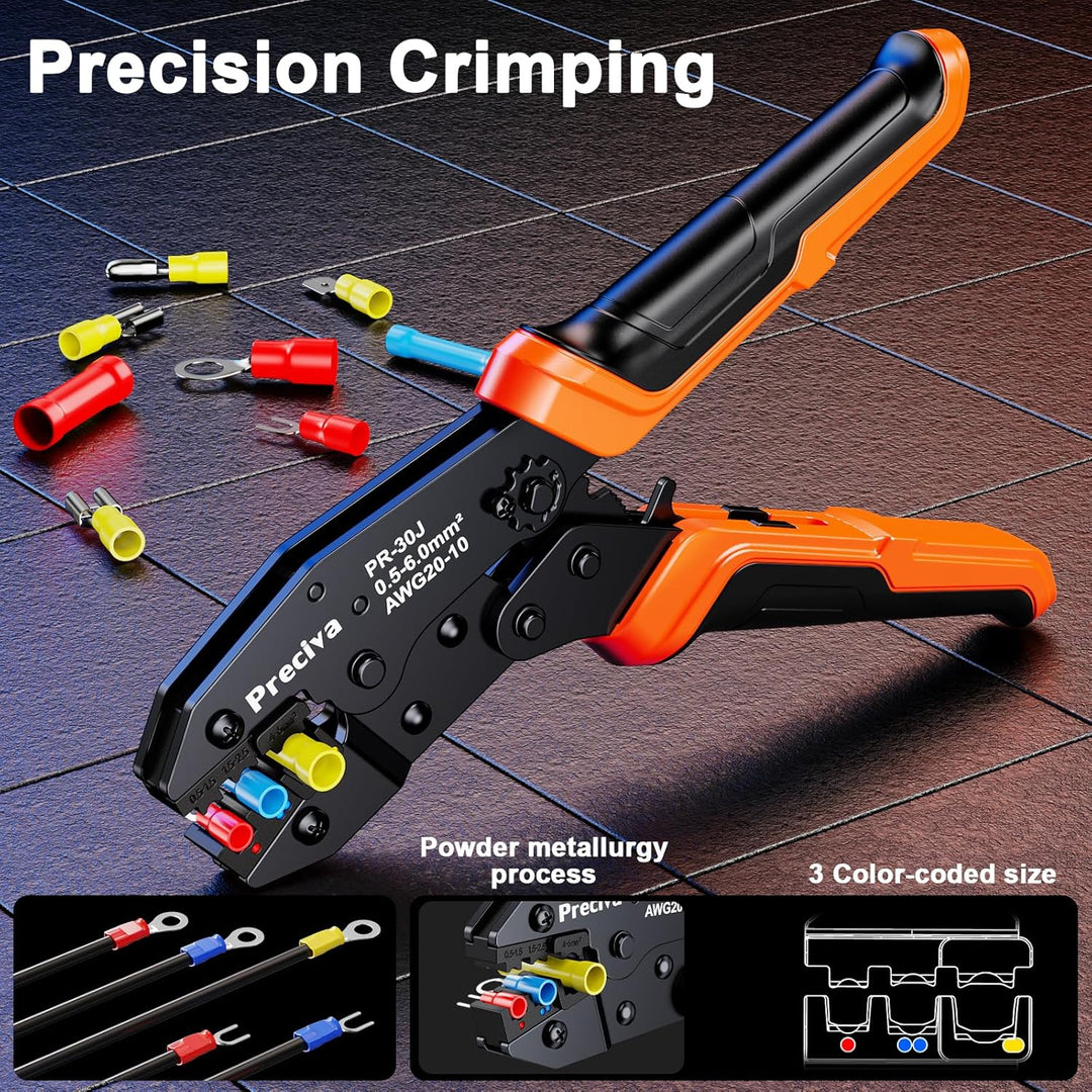 Preciva Crimpzange Set mit Abisolierzange Presszange für isolierte Kabelschuhe 0,5 bis 6 mm² 3 farbc