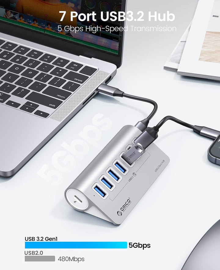 ORICO USB C Hub, 7-Port Aluminium USB Splitter, 5Gbps USB Hub mit 0.5m USB C Kabel und USB A Adapter
