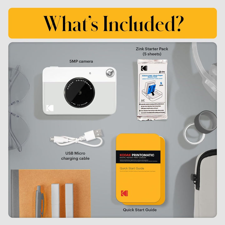 KODAK Printomatic Sofortbildkamera (Grau) Basis-Paket + Zinkpapier (20 Blätter) Etui + Bequemer Hals