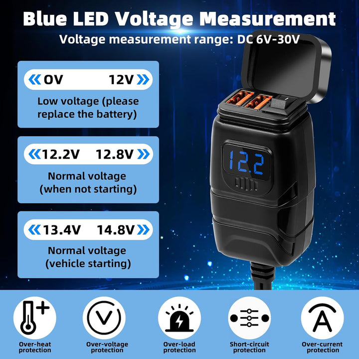 12V USB Steckdose Motorrad, Motorrad USB Ladegerät mit EIN-/Ausschalter und LED-Spannungsmesser, QC3