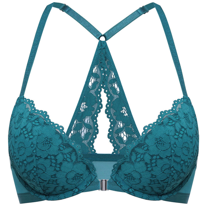 DOBREVA Damen Vorderverschluss BH mit Bügel Push Up Spitzen Neckholder BHS Racerback Tiefer Ausschni