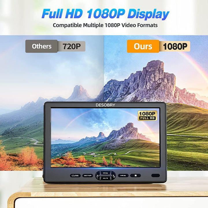 DESOBRY Auto DVD Player 10,5 Zoll 2 Monitore Kopfstütze 2 Kopfhörer HDMI Eingang AV Kabel, Kinder Fe