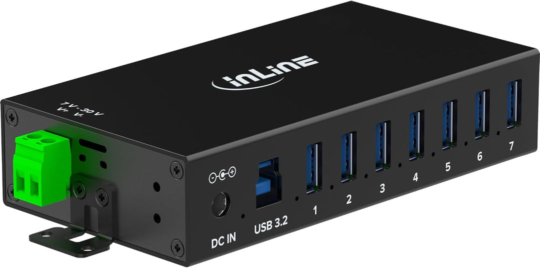 Inline USB 3.2 Gen.1 Industrie-Hub mit 7 Ports, Aluminiumgehäuse, DIN-Schienen-Montage, aktiver USB-