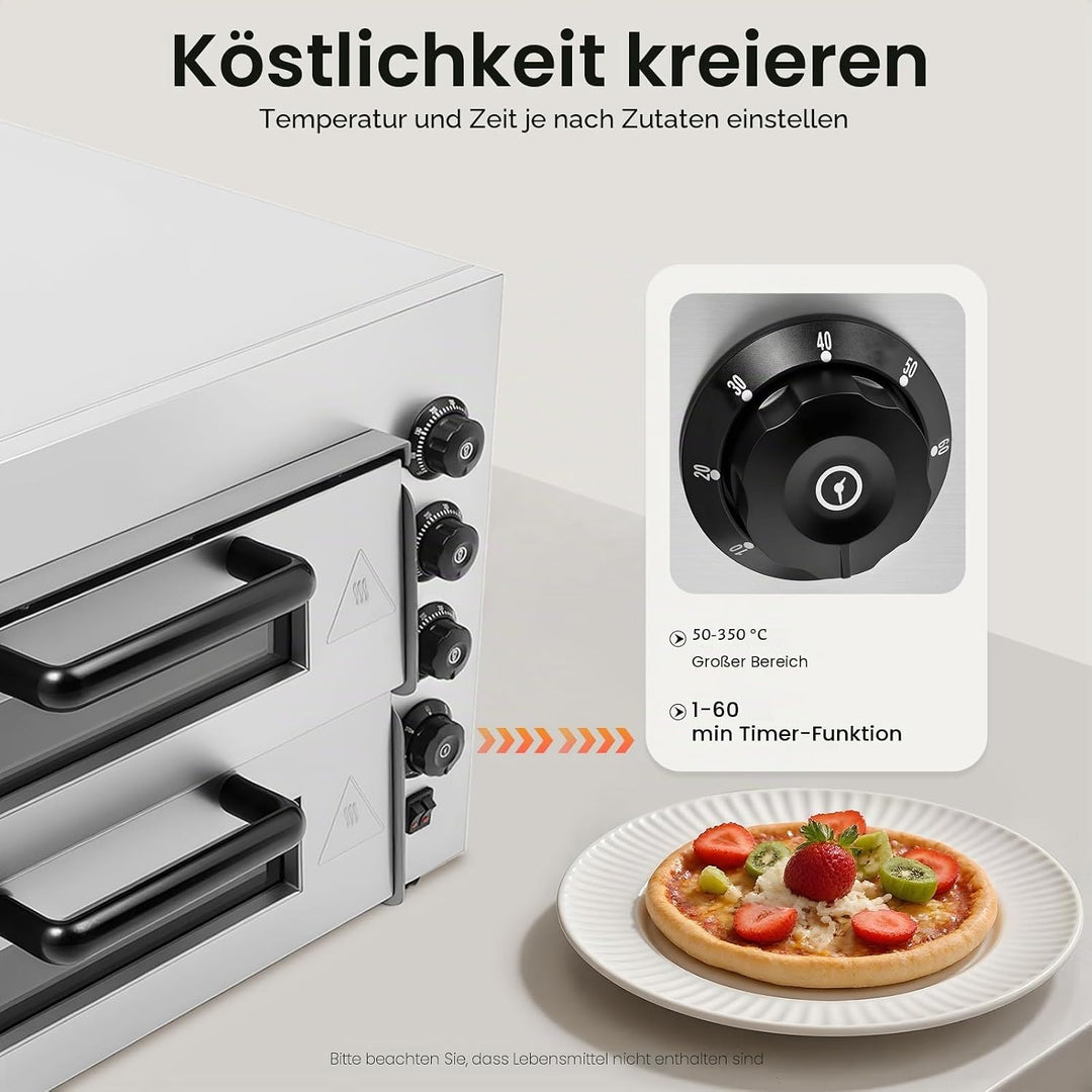 Professioneller Doppel-Pizzaofen 3000W, Pizzaofen Elektrisch mit Timer & Edelstahl-Gehäuse, Kommerzi