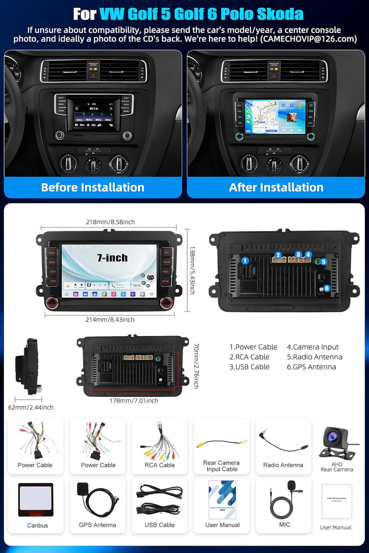 CAMECHO Android Radio für VW Golf 5 Golf 6 Polo Skoda Seat, 7 Zoll Bildschirm Autoradio 2 DIN mit Na