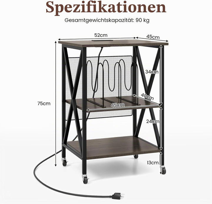 KOMFOTTEU mobiler Aktenschrank mit Ladestation & offenen Fächern, Druckerständer Plattenspieler-Tisc