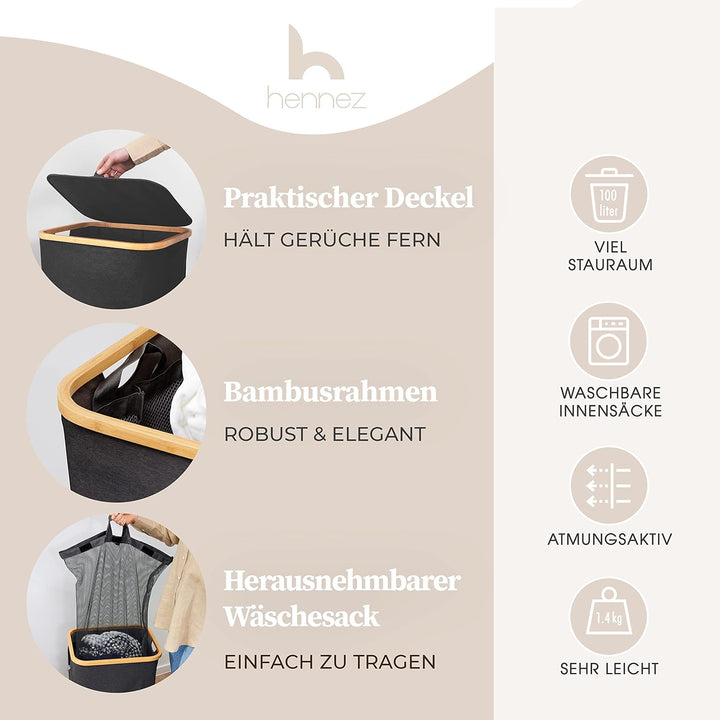 HENNEZ 100L Wäschekorb mit Deckel Grau - herausnehmbaren Wäschesack Wäschesammler schmal mit Deckel