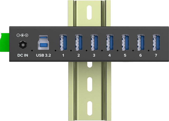 Inline USB 3.2 Gen.1 Industrie-Hub mit 7 Ports, Aluminiumgehäuse, DIN-Schienen-Montage, aktiver USB-