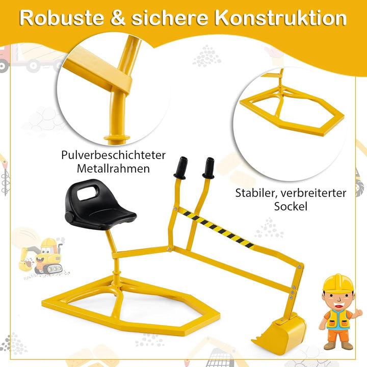 DREAMADE Kinder Bagger für Sandkasten, Metall-Aufsitzbagger mit 360° drehbarem Sitz, Flexibler Schau