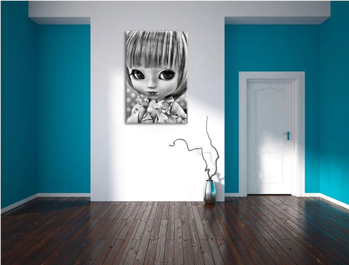 Pixxprint Monocrome, kleine Puppe im traditionellen Kimono, Format: 100x70 auf Leinwand, 100x70