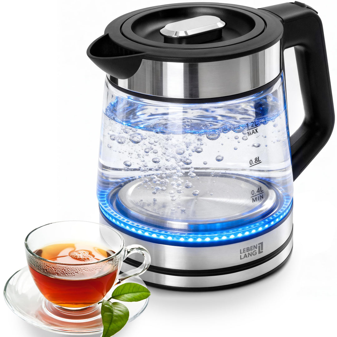 LEBENLANG Glas Wasserkocher klein - 1,2 Liter mit LED Beleuchtung I Edelstahl Design BPA-Frei Wasser