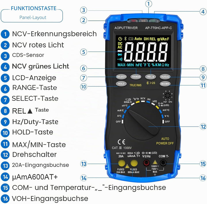 Multimeter Digital AP-770HC-APP 6000Counts Auto/Manueller Bereich Strommessgerät Multi Tester NCV St