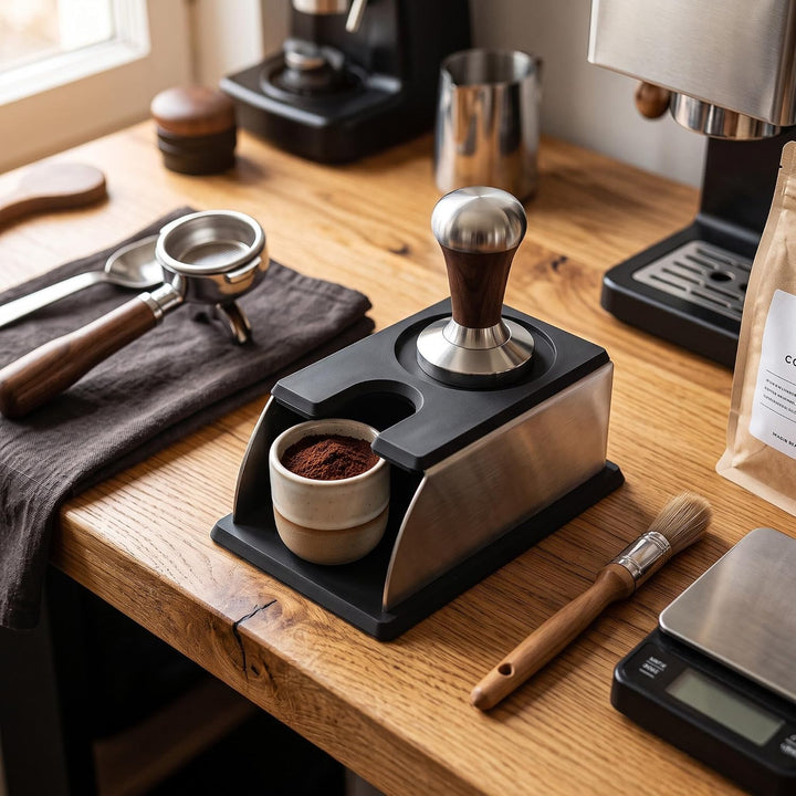 Tamperstation, Kaffee Tampfenmatte Halter Tamper Pulver Maker Stand aus Edelstahl und Silikon Tampin