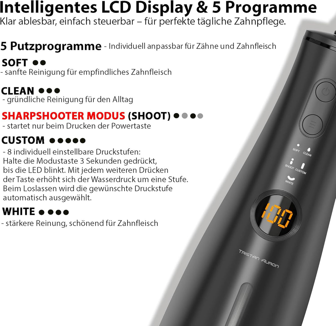 Tristan Auron Munddusche – 2 Ersatzdüsen und Reisetasche, 5 Modi, 8 Druckstufen inkl. Shoot Modus, 3