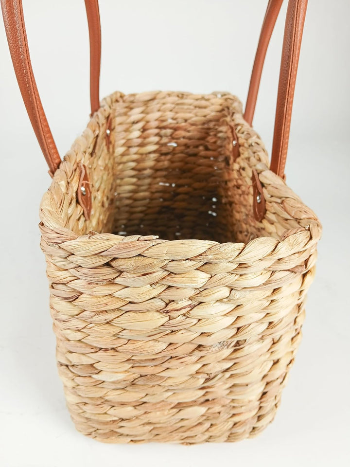 Kobolo Tasche Korbtasche Set aus Wasserhyazinthe - Kunstlederhenkel - eckig 3er Set