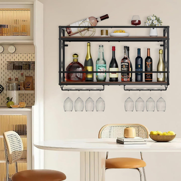 Weinregal, Wandhalterung, 2 Etagen, Wand-Weinregal mit Glashalter, Anti-Drop-Querstange, 80 cm, Meta