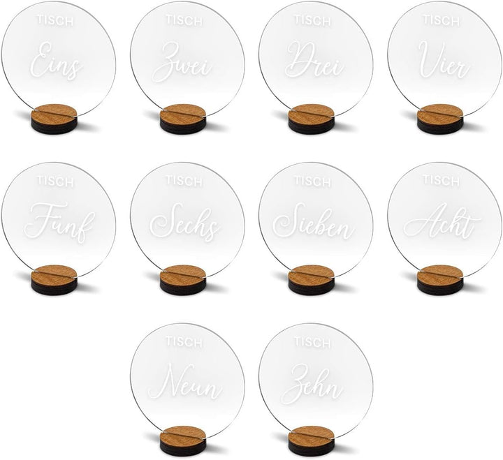 Tischnummern Hochzeit Set für 1-30 Tische, Acryl Transparent mit präsizer Milchig-Weisser Lasergravu