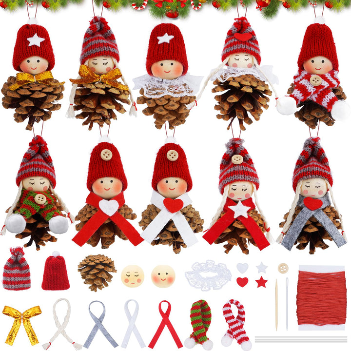 Weihnachtswichtel Anhänger Tannenzapfen, 10 Stück DIY Weihnachten Wichtelanhänger Bastelset mit Holz