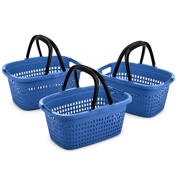 HRB 3er Set Einkaufskorb mit 2 Henkeln klappbar blau, Kunststoff, Belüftungslöcher Blau 3, Blau 3