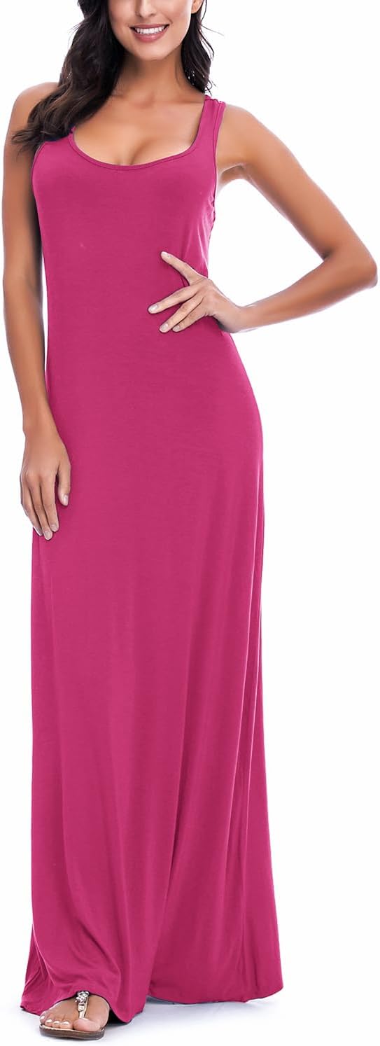 EXCHIC Damen Sommer Leichte Ärmellos Strand Maxi Kleid Elegant Elastisch Tunika Lang Kleider L Rosa,