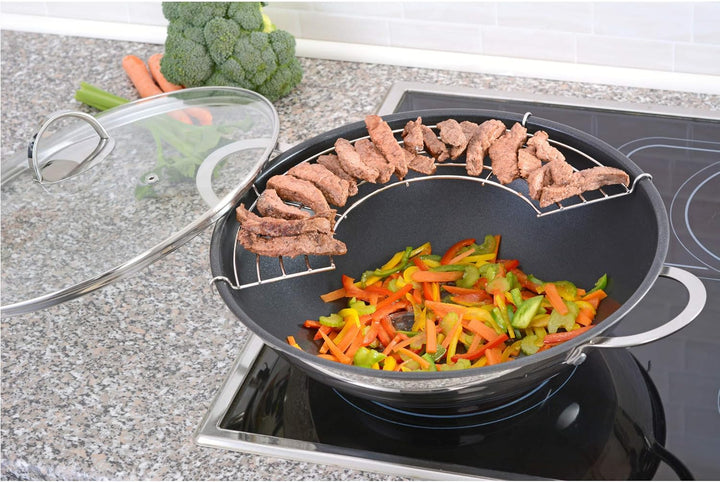 GRÄWE Wok-Set 32 cm mit Beschichtung, mit Glasdeckel und Ablagegitter Xylan Beschichtung, Xylan Besc