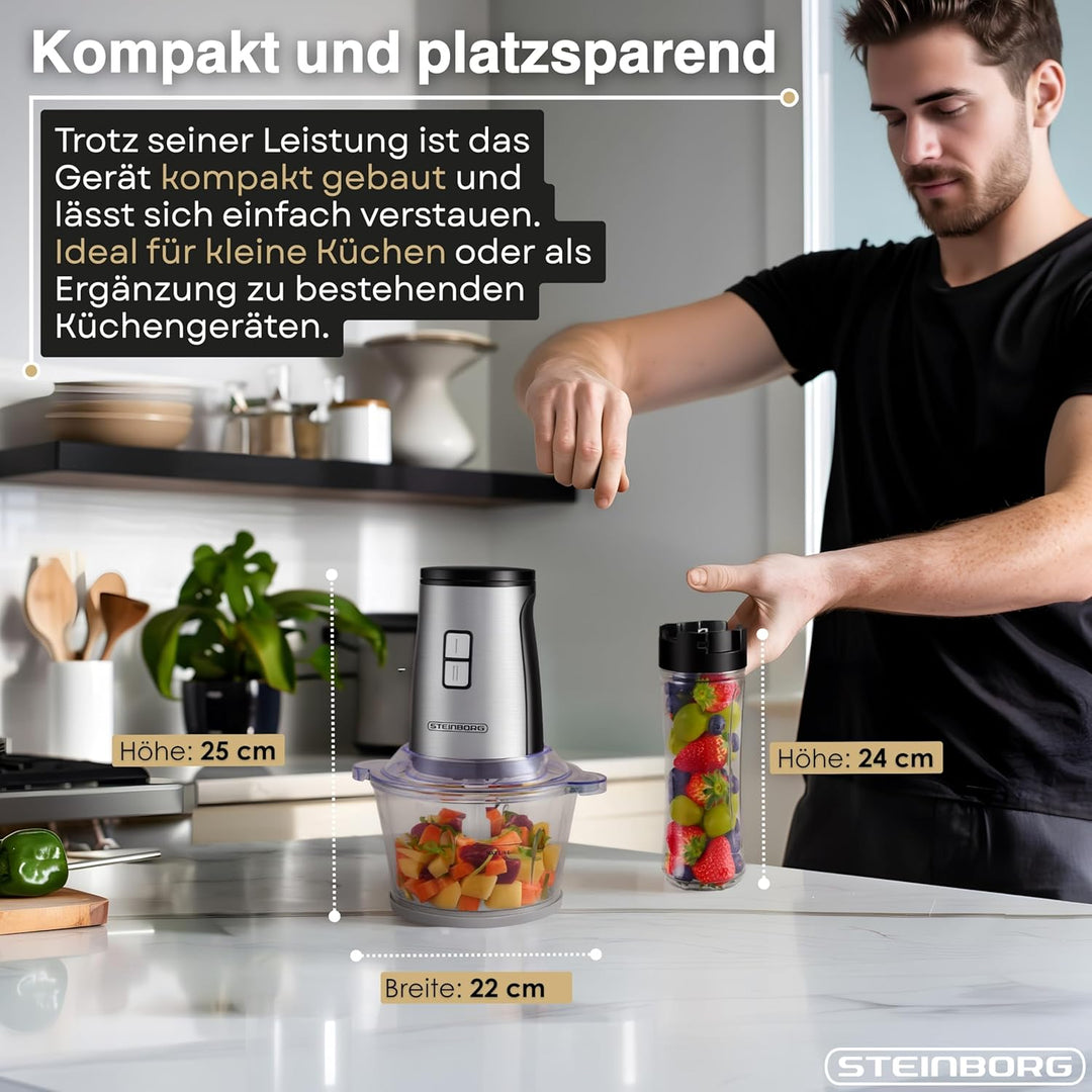 Steinborg® Zerkleinerer 2in1 Standmixer Smoothie Maker To Go Becher, 500W Multizerkleinerer, 2L Glas