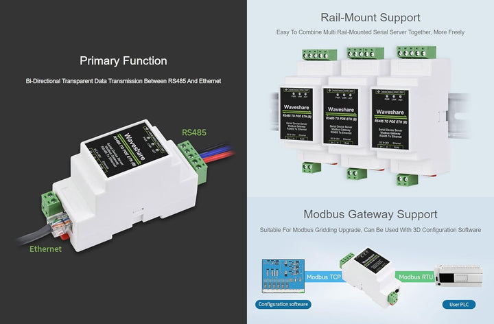 Waveshare RS485 zu RJ45 Ethernet Industrial Serial Server Modbus Gateway TCP/IP zu Serieller Rail-Mo