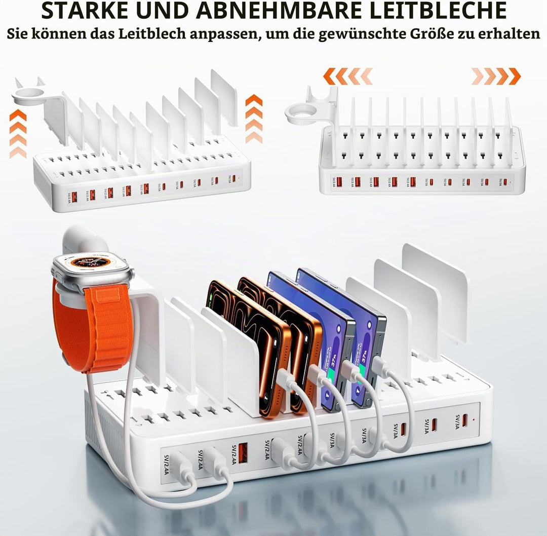 Ladestation Mehrere Geräte, USB C ladestation 100W, 10 Ports USB-Schnellladegerät Mit Uhrenhalterung