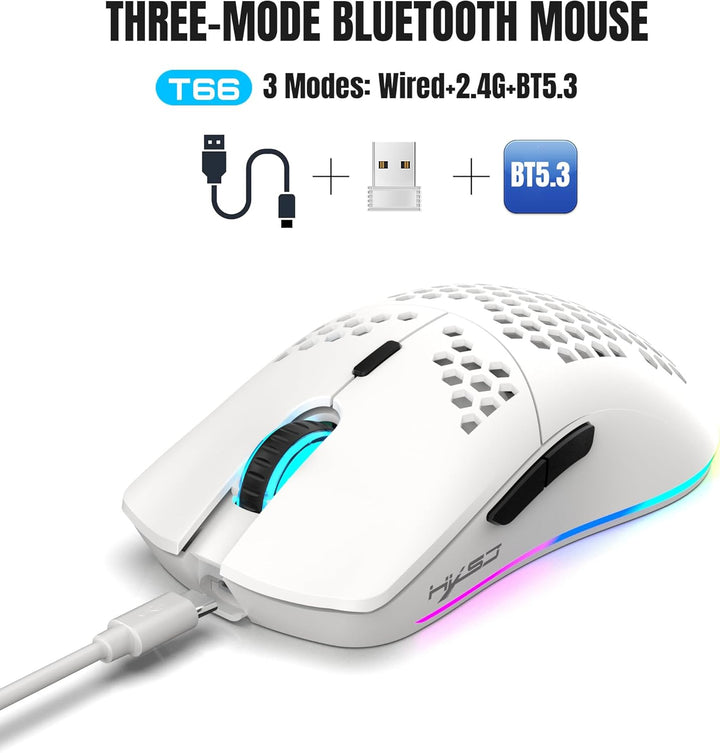 CROSS ZEBRA T66 PC Gaming Mouse, BT/2.4G Wireless/Wired, Lightweight Honeycomb Shell, Macro Program,
