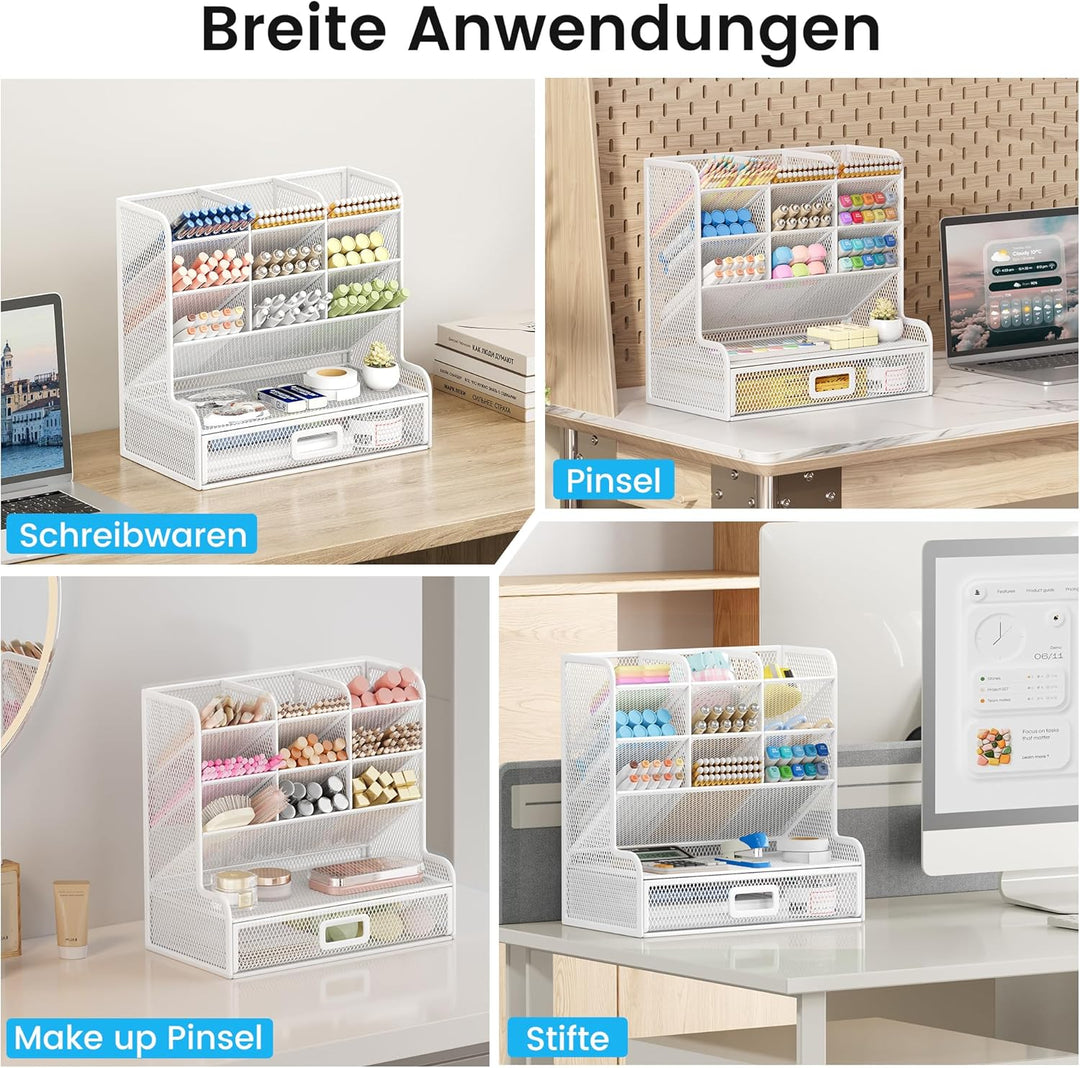 VITVITI Schreibtisch Organizer, 9 Fächer Stiftehalter mit Schublade, Netz Stifte Regal aus Metall, S
