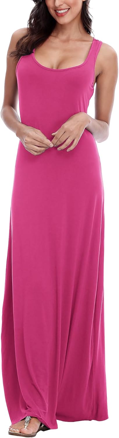 EXCHIC Damen Sommer Leichte Ärmellos Strand Maxi Kleid Elegant Elastisch Tunika Lang Kleider L Rosa,
