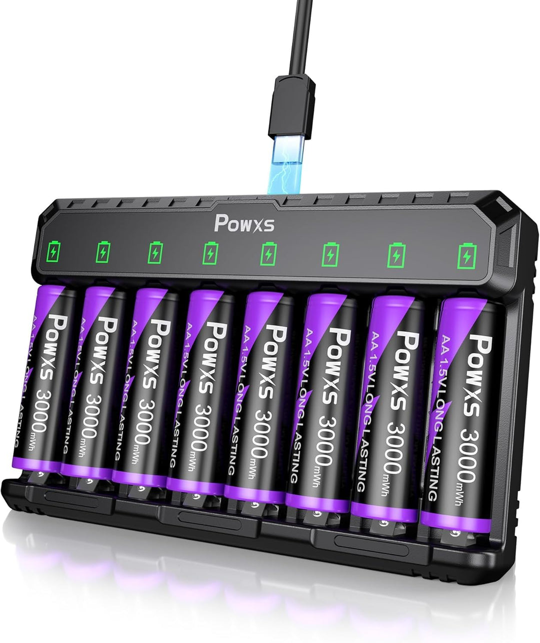 POWXS 1.5V Lithium Akku AA 8-Pack 2000 Zyklen & Stahlgehäuse, 3000mWh,mit USB Schnelladegerät, Kompa