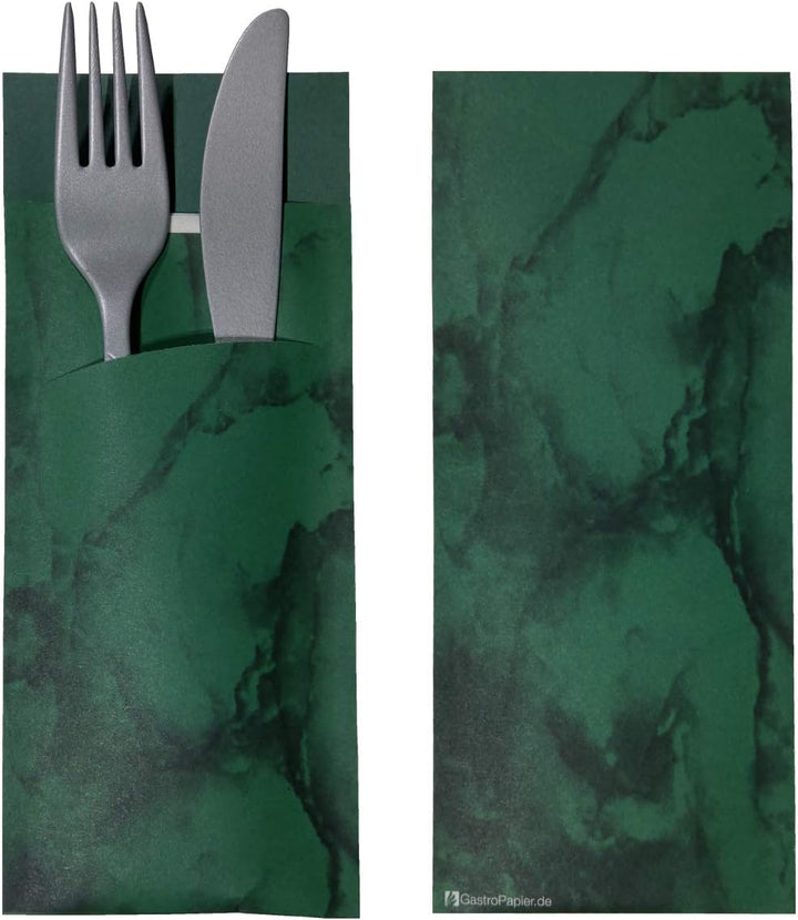 520 Bestecktaschen mit Serviette dunkelgrün marmoriert 20 cm 520 Stück Dunkelgrün, 520 Stück Dunkelg