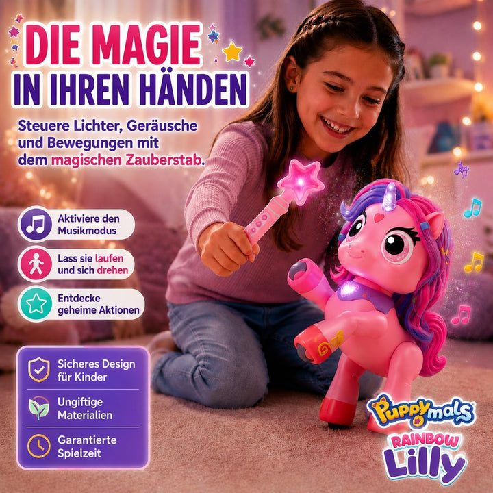 Regenbogen Einhorn Rainbow Lilly | Ferngesteuertes Einhorn mit Zauberstab | Interaktives Einhorns mi