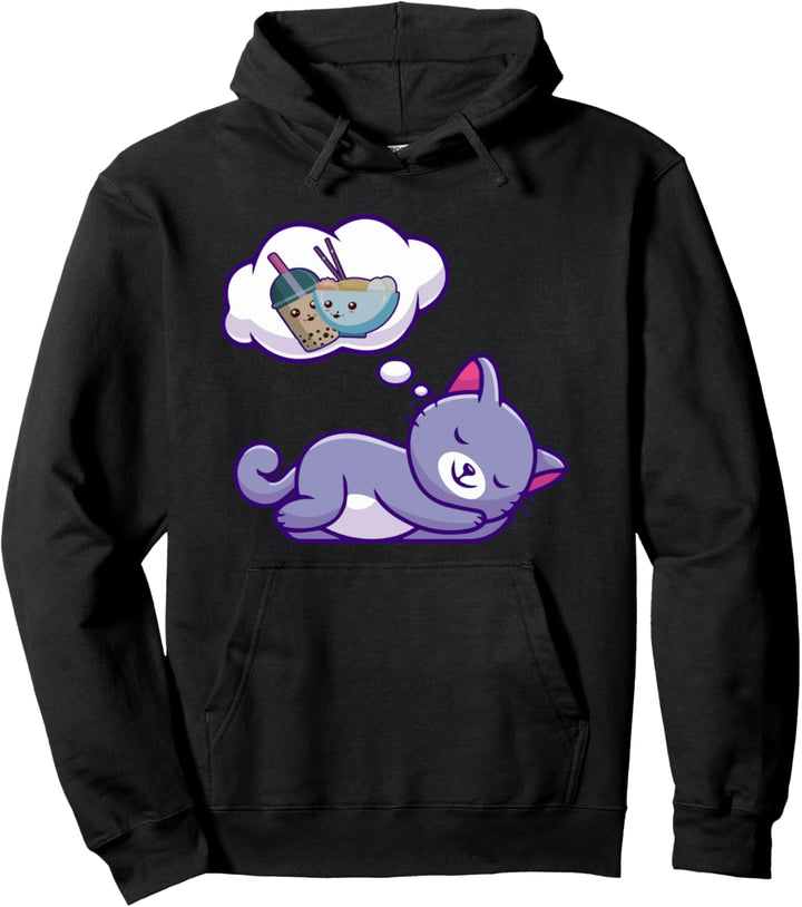 Cat Dreaming of Ramen And Boba - Funny Kawaii Cat Lover Pullover Hoodie