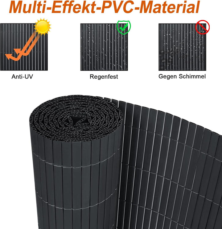 PVC Sichtschutzmatte Sichtschutzzaun 90x1000CM, Anthrazit, Outdoor Sichtschutz mit verstärkten Lamel