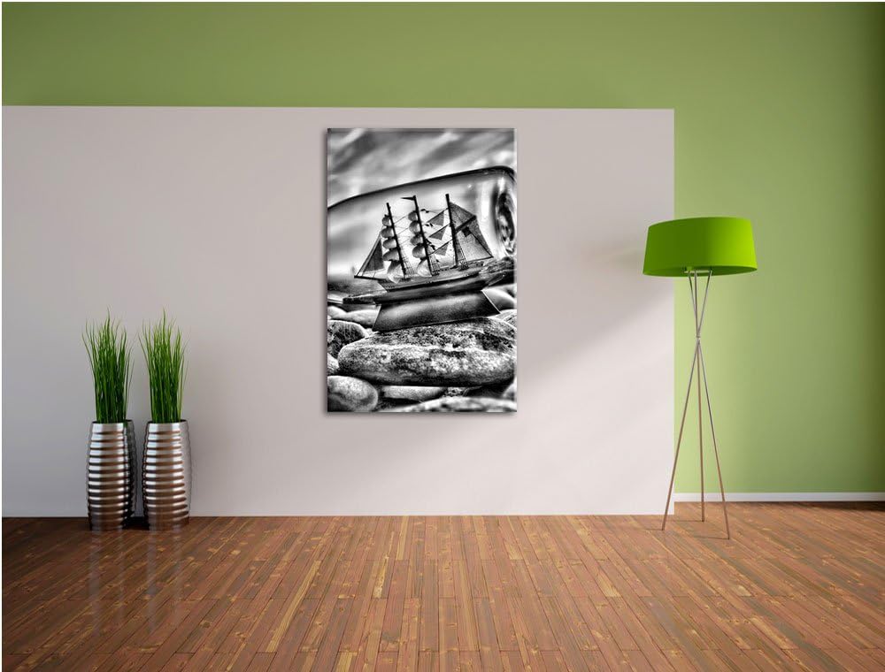 Pixxprint Flasche mit Schiff als Leinwandbild/Grösse: 100x70 cm/Wandbild/Kunstdruck/fertig bespannt,