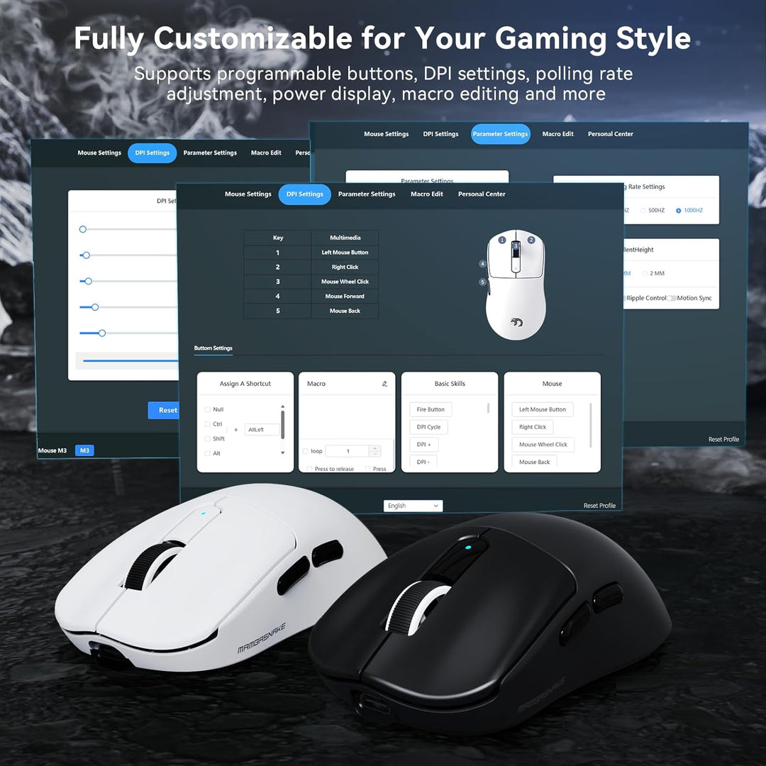 MAMBASNAKE M3 39g SUPERLEICHTE Kabellose Gaming-Maus mit Spiralkabel, PixArt PAW3395PRO-Sensor, Bis