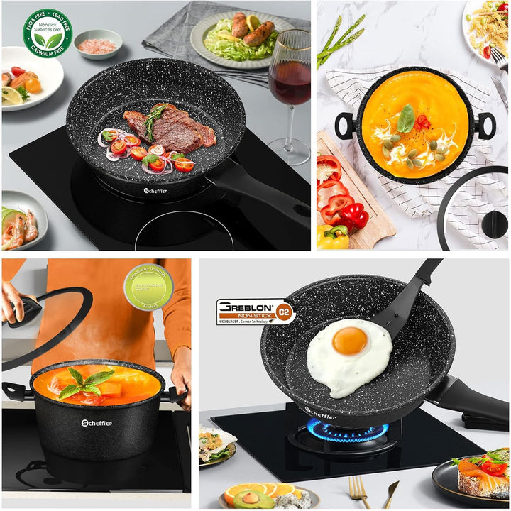 Topfset Induktion Scheffler Aluminium Kochgeschirr Set mit Glasdeckel, Töpfe und Pfannen mit Antihaf