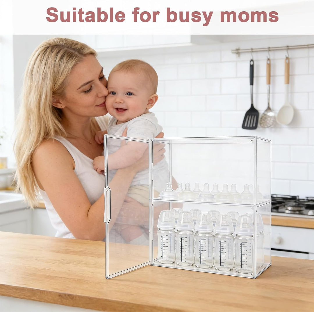 Babyflasche Organizer, 3-Etagen Klar Acryl Lagerung Box mit 2 Entfernbar Trennwände &amp; Magnet Tür Gro